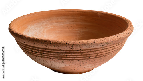 Obraz na plátne Rustic terracotta bowl with horizontal ridges, isolated on transparent backgroun