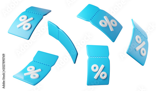 Принти на полотні Set of Flying blue 3D discount tags with percent signs, isolated on background