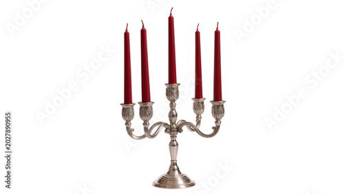 Tableau sur toile Ornate silver candelabra holding five red taper candles, isolated on transparent