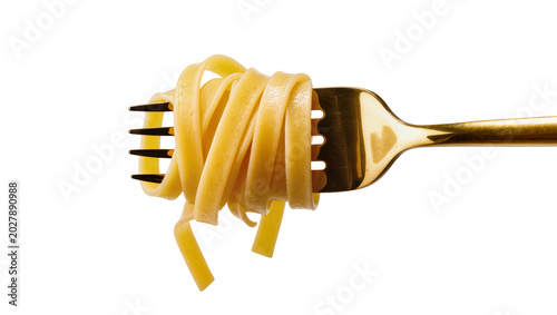 Fotografie Golden fork twirling fettuccine pasta, isolated on transparent background