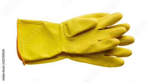 Cuadro en lienzo Yellow rubber cleaning gloves with textured grip, isolated on transparent backgr