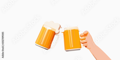 Obraz na płótnie Two mugs of beer clinking in a toast 3d illustration