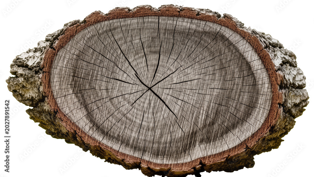 Fototapeta premium Rough bark tree stump cross-section with visible growth rings, isolated on transparent background