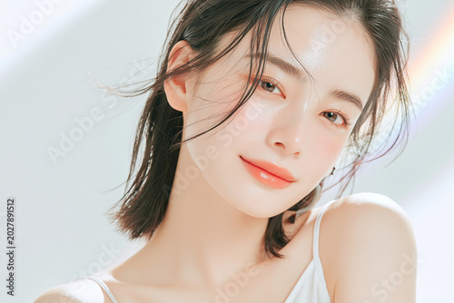 美容, 女性, スキンケア, 化粧品, ビューティー, 若い女性, 美肌, 日本人, アジア人, フェイシャル, メイク, 美容液, 保湿, クリーム, エイジングケア, 美容医療, エステ, 美容クリニック, 肌ケア, ナチュラルメイク, 透明感, ツヤ肌, モデル, 笑顔, ポートレート, クローズアップ, リラックス, 癒し, 健康的, 美白, コラーゲン, ヒアルロン酸, アンチエイジング
