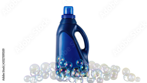 Konstfotografi Dark blue laundry detergent bottle with bubbles, isolated on transparent backgro