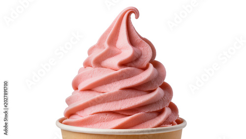Obraz na plátne Pink strawberry soft serve ice cream swirl in a paper cup, isolated on transpare