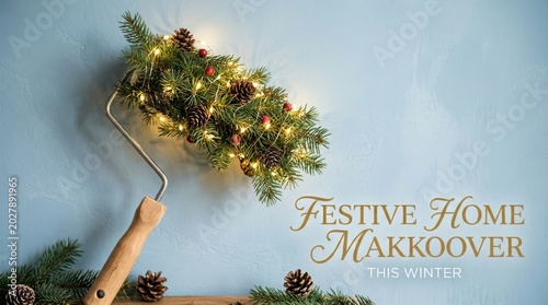 Festive home makeover concept with paint roller and christmas decor