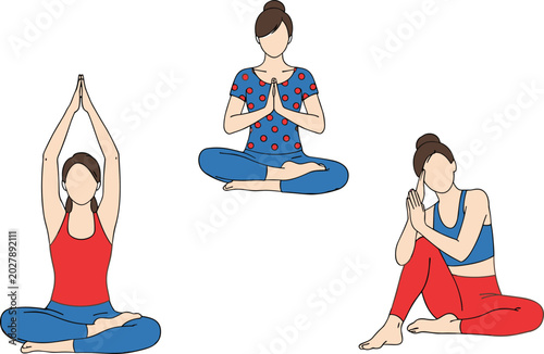 Women Practicing Yoga and Meditation in Different Seated Poses for Wellness, Relaxation, and Mindfulness Vector Illustration