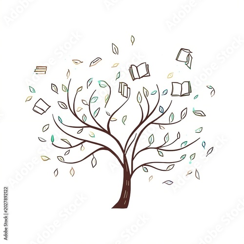 Tree of Knowledge with Books and Deep Roots Silhouette/ Learning Tree Symbol with Books and Roots Artwork