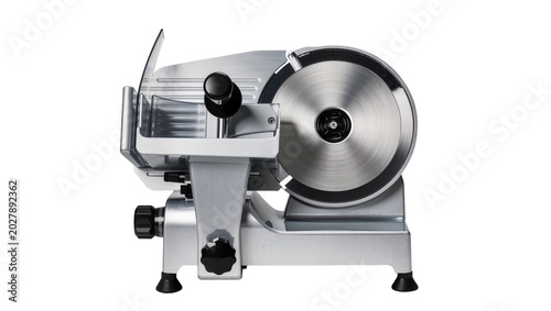 Photos Commercial electric food slicer with sharp circular blade, isolated on transpare