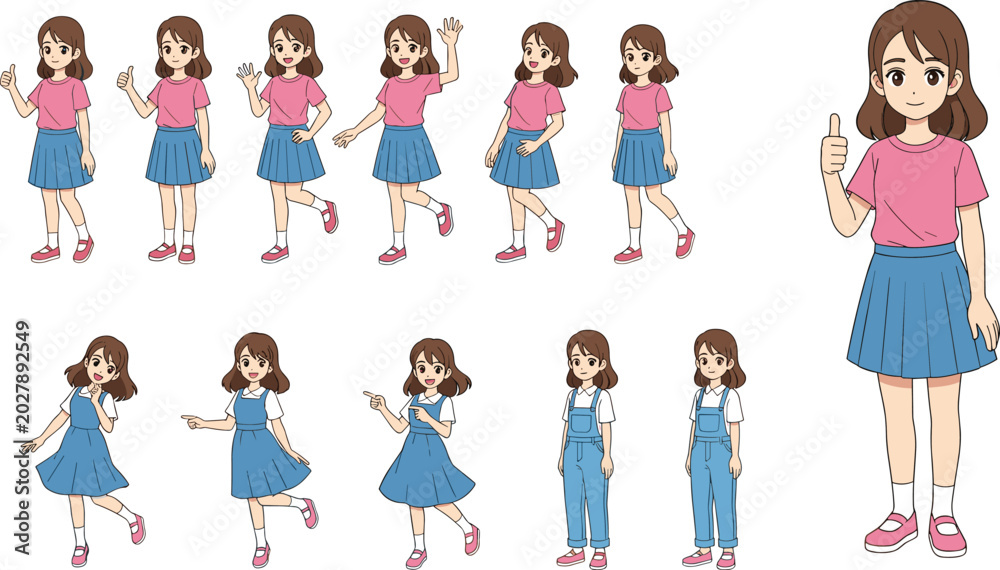 Fototapeta premium Young Girl Character in Multiple Outfits and Dynamic Poses for Animation, Education, and Children’s Illustration Design