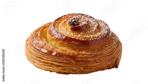 Bild auf Leinwand Golden brown flaky pastry swirl with powdered sugar, isolated on transparent bac