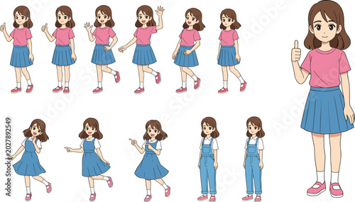 Young Girl Character in Multiple Outfits and Dynamic Poses for Animation, Education, and Children’s Illustration Design