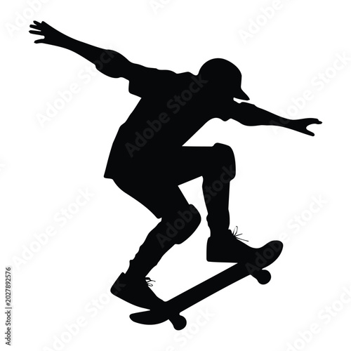 Schilderij op canvas Skater silhouette performing trick on skateboard, extreme sport, urban culture, dynamic action