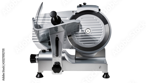 Foto Shiny metal food slicer with sharp blade and black knobs, isolated on transparen