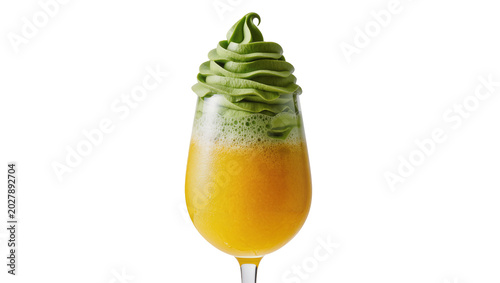 Obraz na plátne Tall glass of orange juice with green matcha soft serve ice cream swirl, isolate
