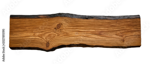 Schilderij op canvas Rustic wooden plank with natural bark edge, isolated on transparent background