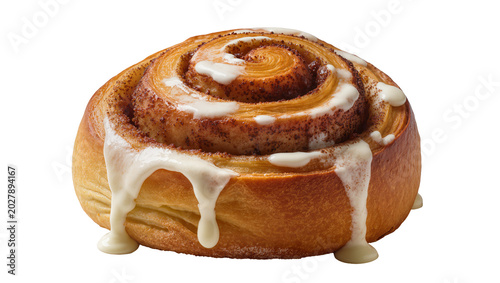 Billede på lærred Fluffy cinnamon roll with sweet white icing dripping down, isolated on transpare