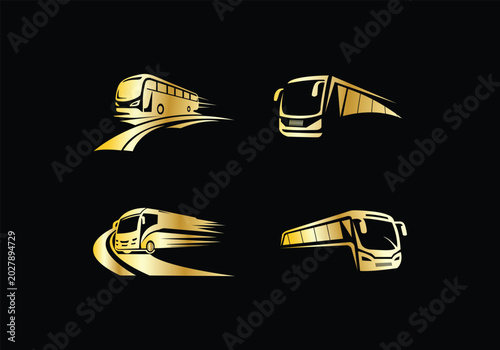 Bus or Coach Vehicle icon set , golden Travel bus logo vector design 