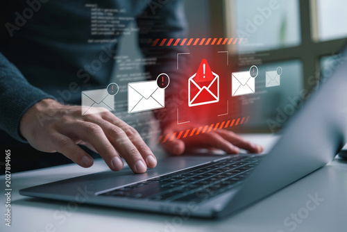 Foto Cybersecurity risk and phishing scam concept with data breach alert on screen