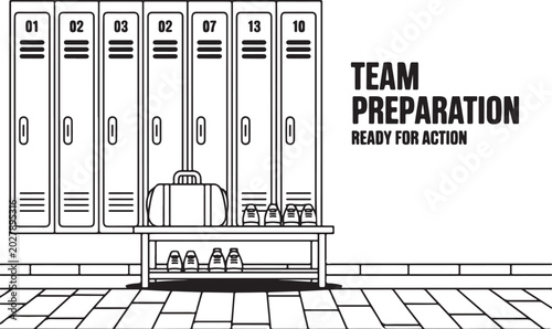 Sports Locker Room Interior with Bench and Gym Bag for Team Preparation Line Art Illustration