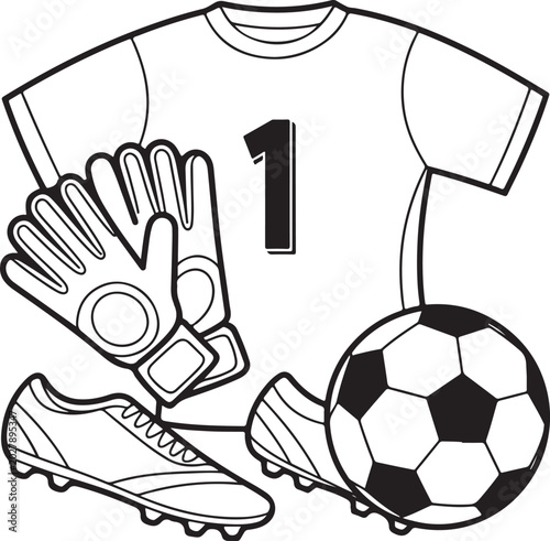 Goalkeeper Soccer Jersey Number 1 with Gloves Boots and Football Line Art Illustration