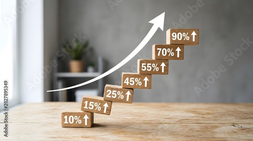 Wooden blocks arranged as a rising staircase with percentage growth labels and a white arrow
