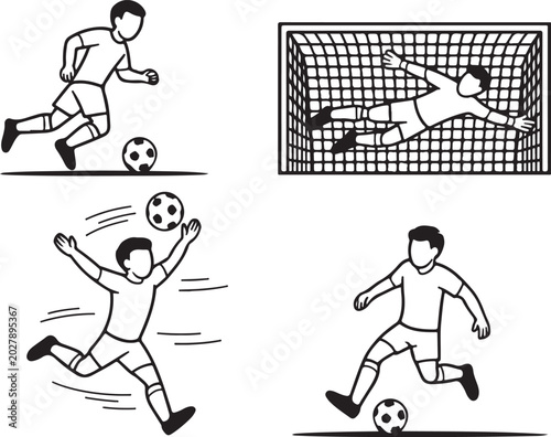 Soccer Players Actions Set with Goalkeeper Saving Ball and Players Dribbling Line Art Illustration