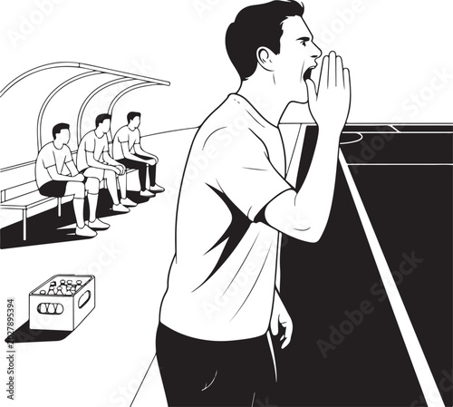 Football Coach Standing on Sideline and Yelling Tactics to Players Line Art Illustration