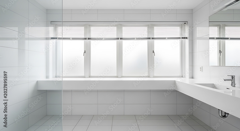 Fototapeta premium Minimalist white interior with built-in closet and sliding doors, neutral tones, modern