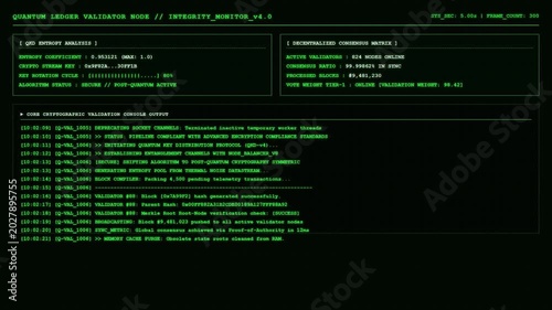 Quantum Ledger Validator Node Cryptographic Data Terminal Green Screen Loop.