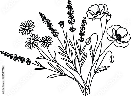 Hand drawn wild flower bouquet with lavender and poppies for spring floral decor.