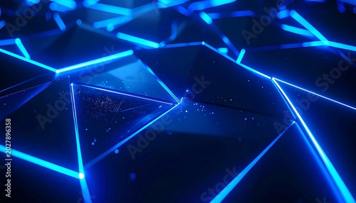 Glowing blue lines illuminate a futuristic geometric pattern of connected triangles in a dark digital environment.