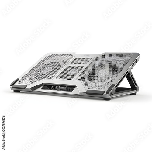 Modern Laptop Cooling Pad with Dual High-Speed Fans and Ergonomic Adjustable Stand, Silver Notebook Cooler Stand for Gaming and Office, Isolated on White Background