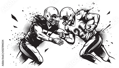 Tableau sur toile American football players in action, one running with ball, other tackling, dyna