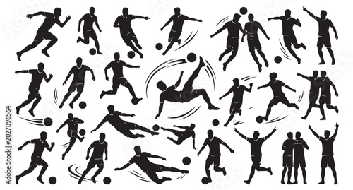 Canvas Print Collection of black soccer player silhouettes in action poses, kicking and runni