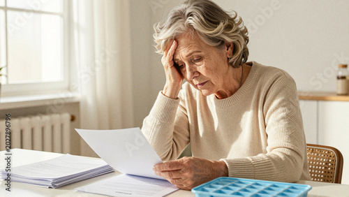 Concerned senior woman reviewing financial documents at home