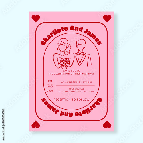 Fotografie Minimalist Pink and Red Wedding Invitation Card Template Featuring Modern Line A
