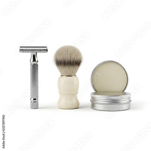 Luxury Men's Traditional Shaving Set with Safety Razor, Shaving Brush and Soap Tin on White Background