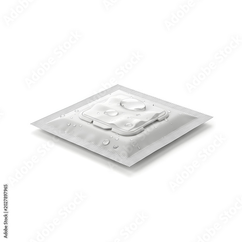 Blank White Wet Wipes Pouch Mockup with Resealable Lid and Water Drops Isolated on White Background