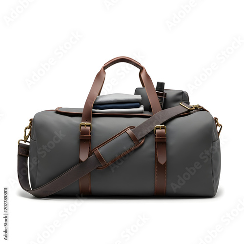 Premium Grey Duffel Travel Bag with Brown Leather Straps and Accessories Isolated on White Background