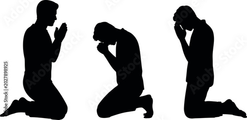 Schilderij op canvas Silhouette of a man kneeling in prayer with hands joined in worship devotion and