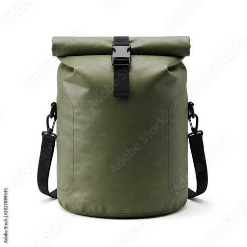 Green Waterproof Dry Bag with Roll-Top Closure and Shoulder Strap Isolated on White