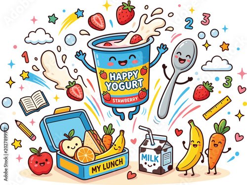 Healthy kids school lunch concept design with funny cartoon strawberry yogurt cup jumping out of box vector illustration