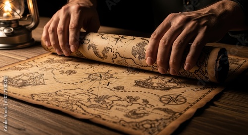 Artisan hands carefully unroll a vintage parchment map by the glow of an oil lamp Surreal Silliness Concept Design