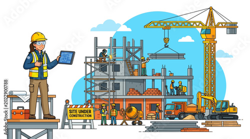 Foto Construction engineer supervising industrial building site with machinery and sc