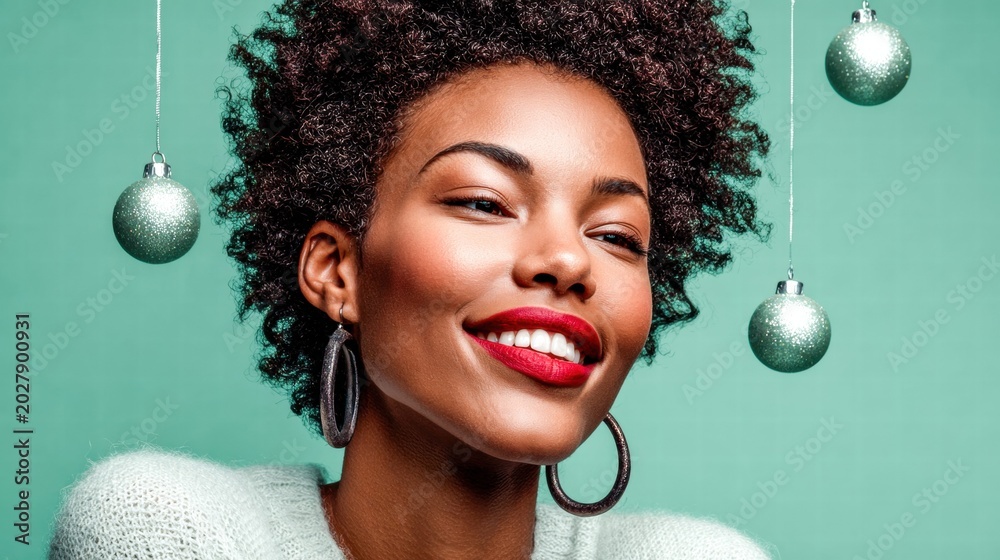 Naklejka premium Smiling Black Woman with Christmas Ornaments