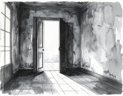 Minimalist hand-drawn black-and-white illustration of an empty room with a slightly open door and subtle shadow. Sparse monochrome composition with symbolic atmosphere, emotional tension, and clean li