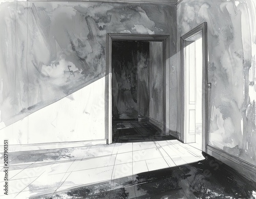 Minimalist hand-drawn black-and-white illustration of an empty room with a slightly open door and subtle shadow. Sparse monochrome composition with symbolic atmosphere, emotional tension, and clean li