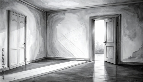Minimalist hand-drawn black-and-white illustration of an empty room with a slightly open door and subtle shadow. Sparse monochrome composition with symbolic atmosphere, emotional tension, and clean li
